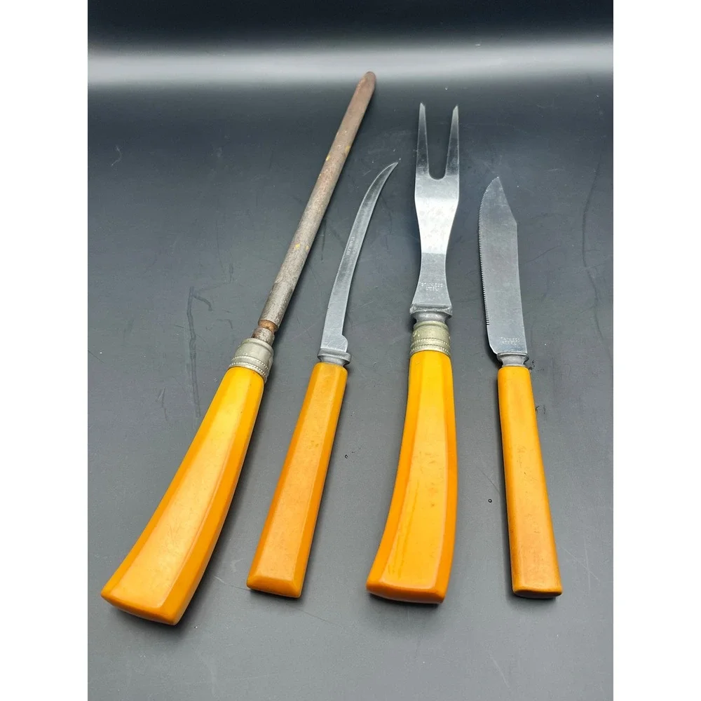 Vtg Butterscotch Bakelite Handle Stainless Steel Carving 4 Pc Set MCM Knife Fork
